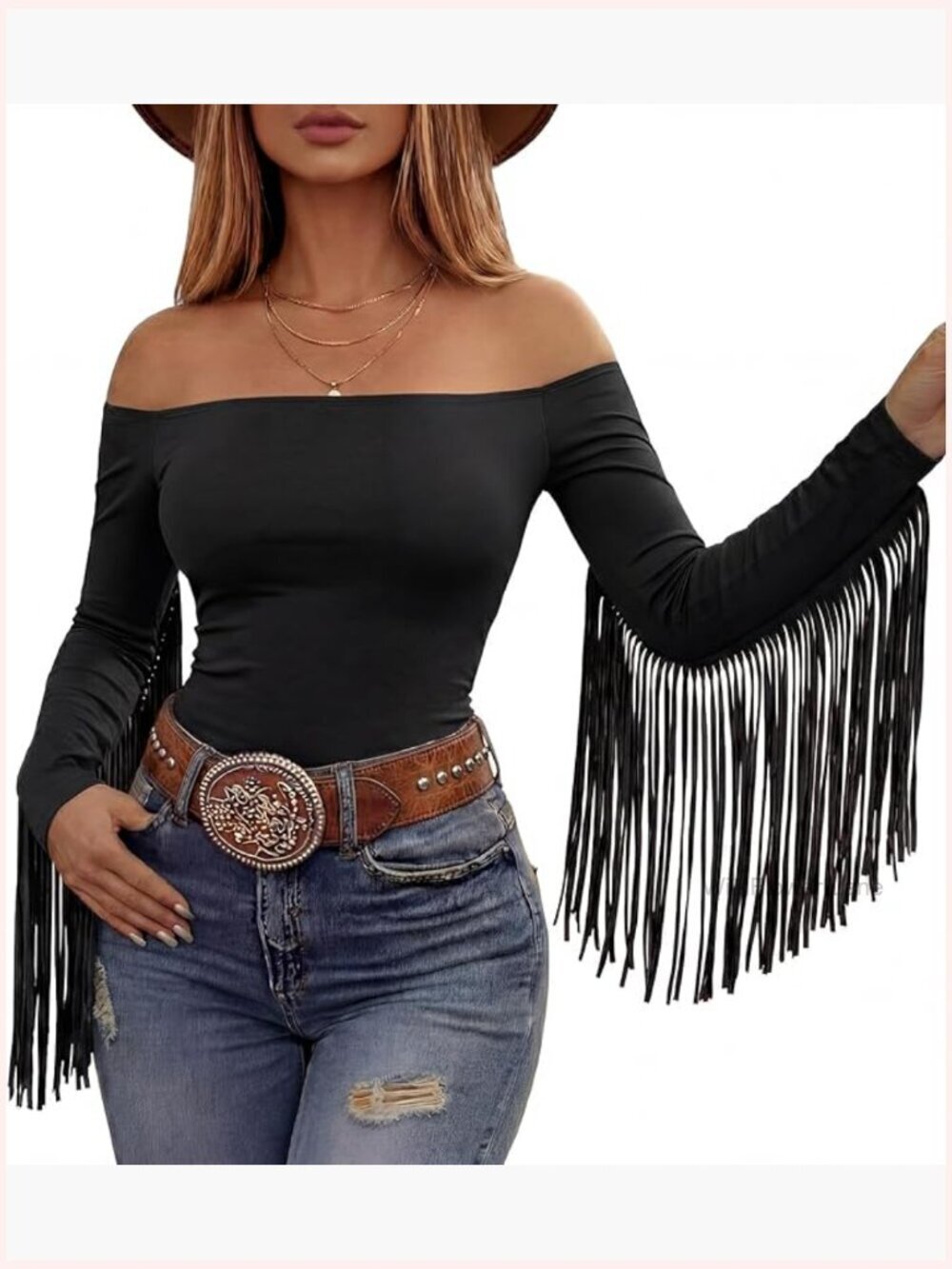 Fringe Off Shoulder Cowgirl Top Fitted Long Sleeve Tassels Blouse